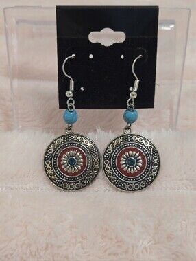 Boho Turquoise Beaded Round Mandala Dangle Drop Earrings
